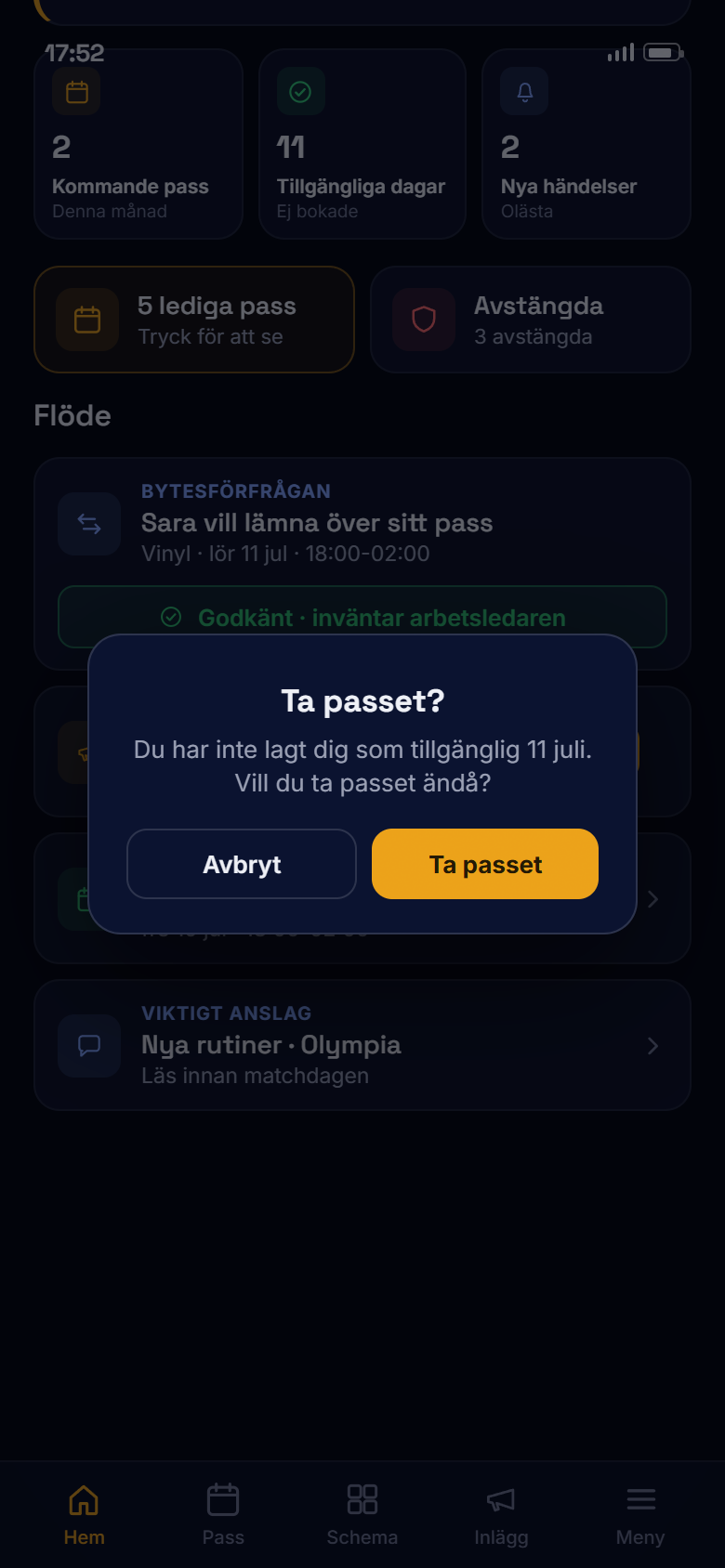 Vaktbas: vakant pass tas med ett tryck, appen frågar Ta passet?